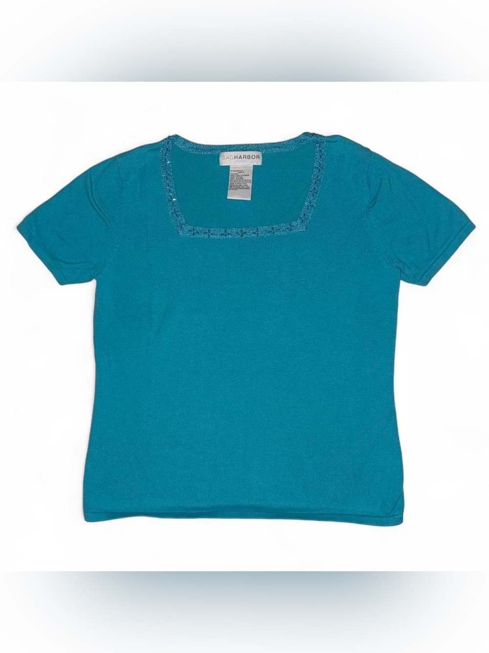 Sag Harbor Teal Short Sleeve Lace-Trim Square Neck Top